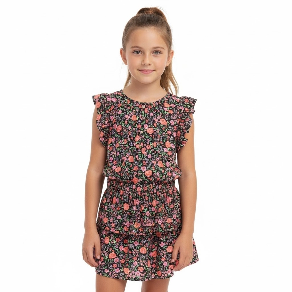 Lemon Kiss Floral Kids Skorts Set Pink Black Ruffled Matching Top Skirt Outfit